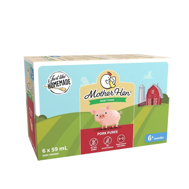 Repas pour Bébé Mère Poule Étape 1 Purée de Porc Boîte 6 x 59 ml avec Emballage à Thème Ferme Mettant en Vedette un Cochon de Dessin Animé, Sans Sel Ni Agents de Conservation Ajoutés, texture Lisse pour Bébés de 6 Mois et Plus, et une Bonne source de Protéines.