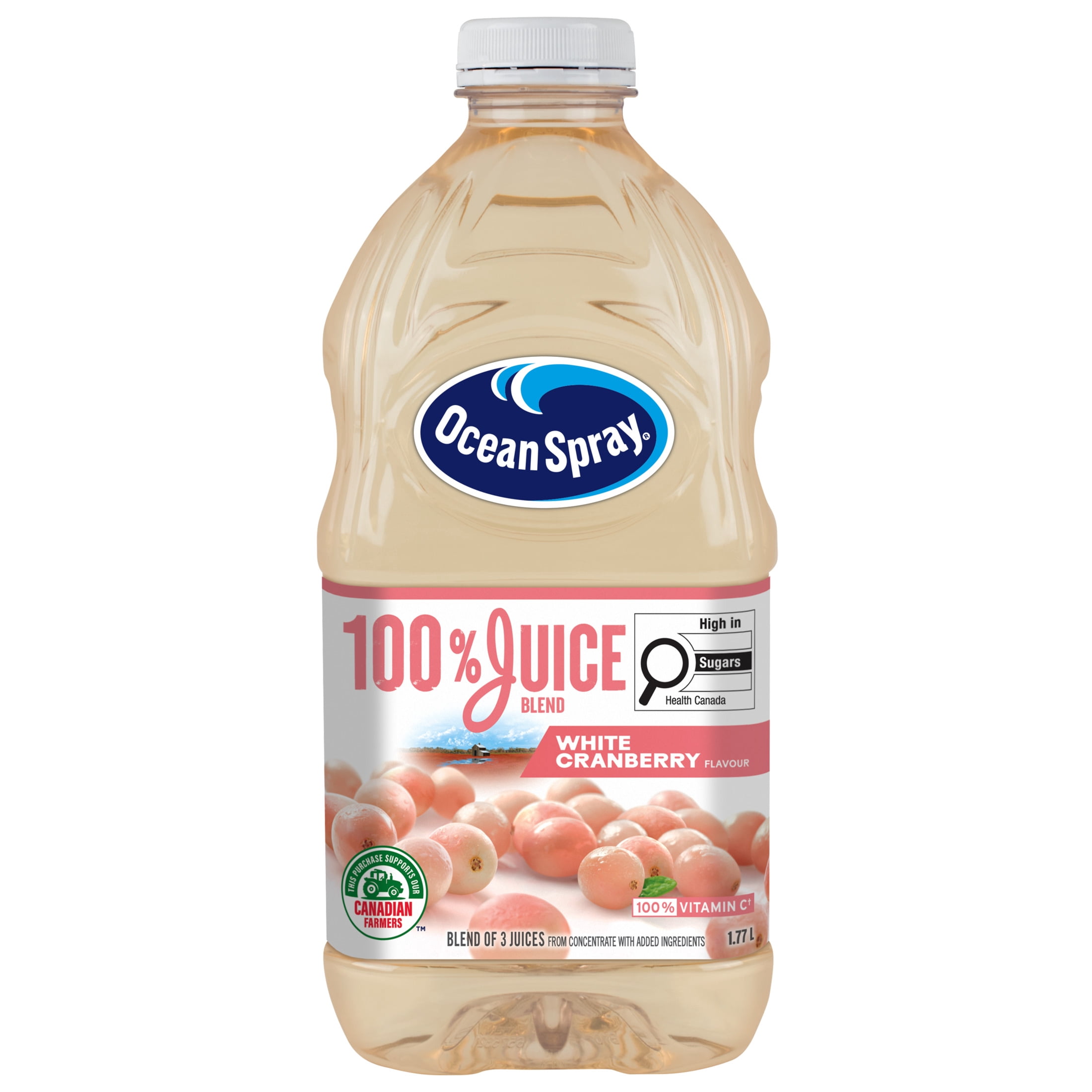 Ocean Spray 100% Juice Blend White Cranberry 1.77L. A 100% Juice Blend Of Sweet, Mild White Cranberries With No Added Sugar. 100% Vitamin C. Contains No Allergens.