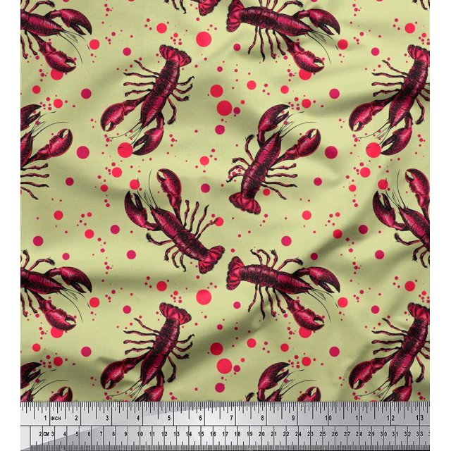 Soimoi Polyester Crepe Fabric Dot & Lobster Ocean Print Fabric by The Yard 42 Inch Wide