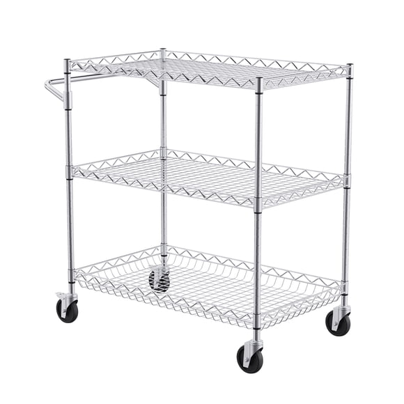 KFFKFF Chariot de Cuisine à 3 Niveaux, Chariot Enroulable en Fil Métallique avec une Capacité de Charge de 661 Lb, Chariot de Service Mobile en Acier, Chariot de Rangement Métallique avec Panier de 80 mm de Profondeur, Poignée Courbée, 6 Crochets