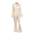 thumbnail image 2 of Fortune Women Pajamas Set, Feather Trim Long Sleeve Button-Down Lapel Tops + Pants, 2 of 9