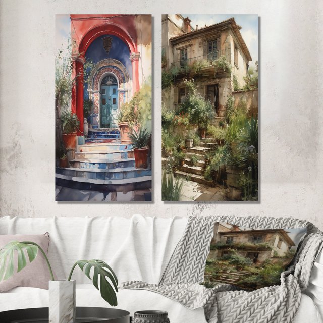 Designart "Rustic Stairway Welcoming Cottage Entry I" Farm Wall Art Set Of 2 - Country Red Wall Decor Set Of 2