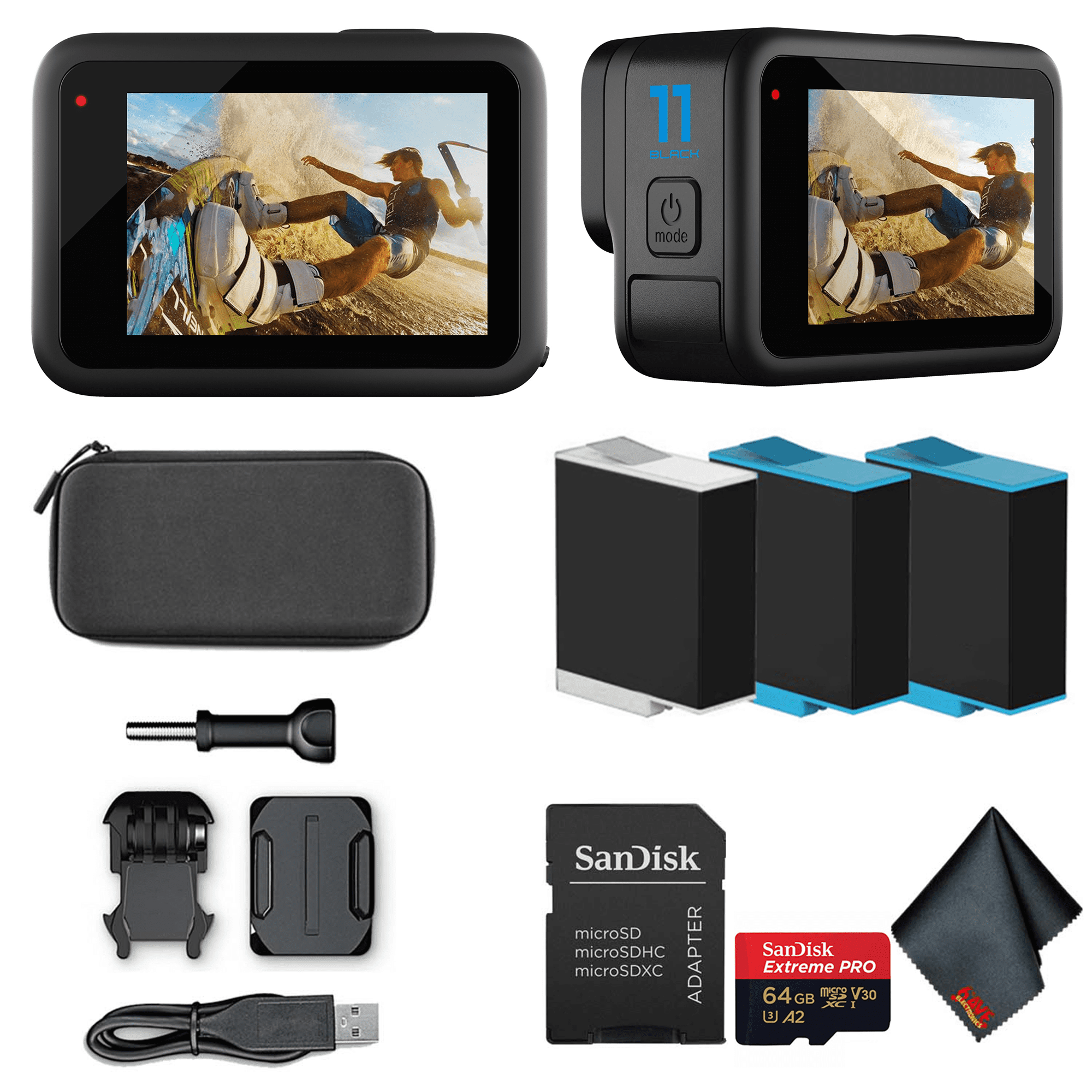 GoPro HERO11 (HERO 11) (New) - 27MP Waterproof Action Camera + 64GB Card and 2 Extra Batteries