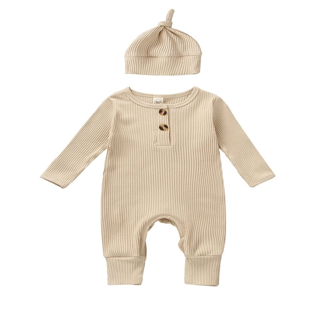 MesaSe Infant Baby Boys Jumpsuit and Hat Set Solid Knit Ribbed Long Sleeve Crew Neck Button Romper One-Piece Clothes