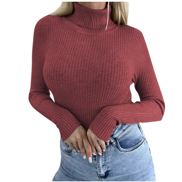 hoksml Women's Turtleneck Sweater Base Solid Color Slim Fit Knit Pullover Fashion Soft Layering Essential for Winter
