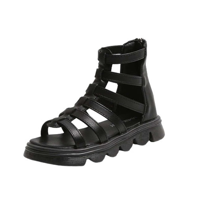 Girls Strap Sandals Gladiator Sandal Back Zipper Open Toe High Top Platform Solid Color Soft Sole Non Slip Comfortable Breathable Lightweight Summer Leather Flats for 3-11 Years Black
