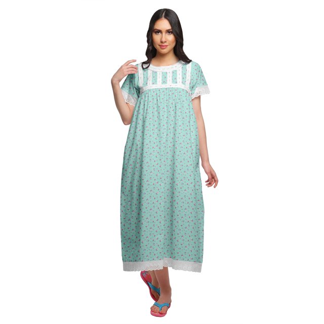 Moomaya Printed Nightdress For Ladies Cotton Ruffled Border Nursing Night Gown