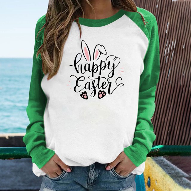 EGNMCR Chemise Imprimée de Pâques T-Shirts Graphiques pour Femmes Chemises de Pâques Mode Décontractée Manches Longues Imprimées Chandails en Molleton Hauts T-Shirts pour Femmes
