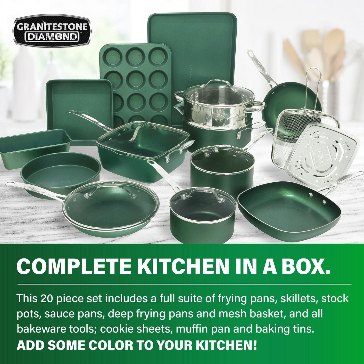 Ensemble de 20 morceaux Granitestone Diamond en aluminium émeraude antiadhésif – Batterie et moules de cuisine
