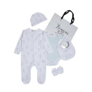 Bonjour Bebe Spring Teddy 5-Piece Layette Set – 100% Cotton Baby Essentials, Sleepsuit, Bodysuit & More – Adorable & Comfortable Gift for Baby Boys & Girls