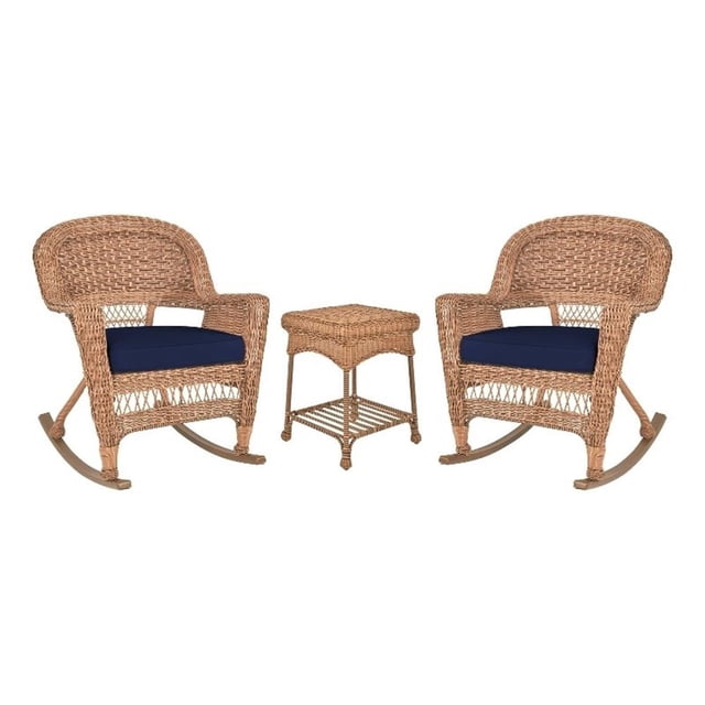 Jeco 3pc Wicker Rocker Chair Set in Honey with Blue Cushion