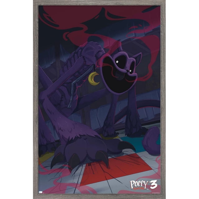Poppy Playtime: Chapter 3 - CatNap Wall Poster, 22.375" x 34" depicting a dark purple skeletal cat with large claws and a crescent moon earring, surrounded by red smoke on a multicolored tiled floor, printed on glossy paper with a gray wood frame, suitable for home décor or themed room decoration.