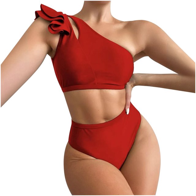 EGNMCR Bikini Set Women's Color High Waist One Shoulder Bikini Split Swimwear Set