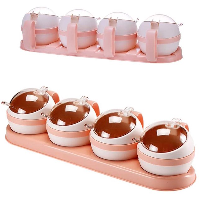 Boîte à Épices, Support à Épices Pots à Condiments, Conteneur de Rangement, 4 Pcs avec Couvercle et Cuillère Rose4