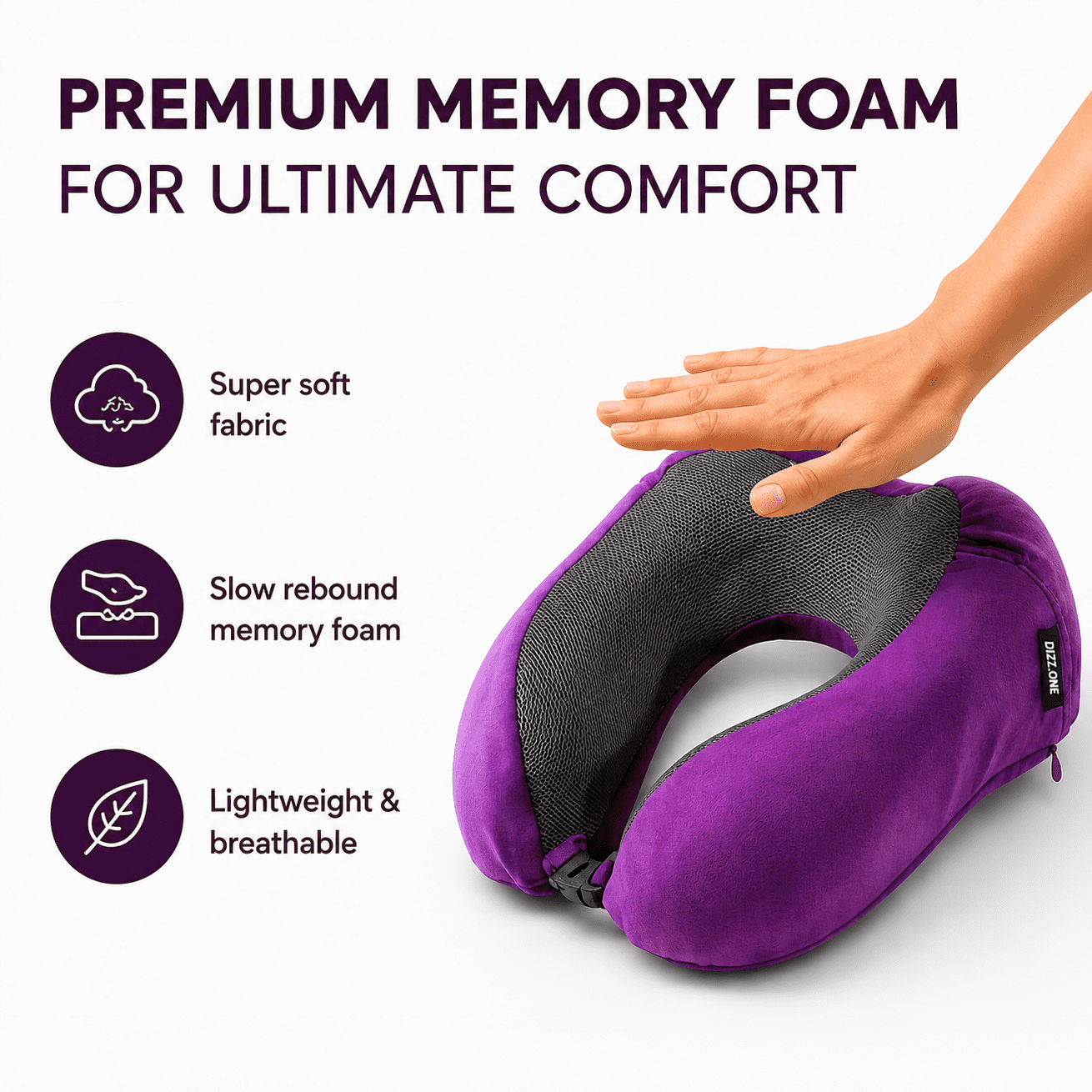 Oreiller cervical ergonomique en mousse mémoire Dizz One pour le voyage, se plie de façon compacte, violet