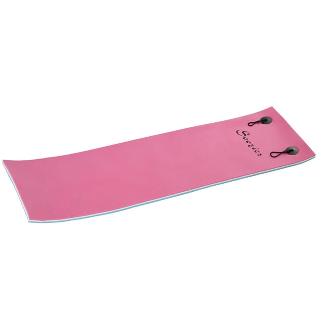 Soozier 6.5x2ft floating mat water carpet recreation swimming pool lake island in pink with blue trim, made of durable XPE foam with a mesh layer for strength, featuring two black tether loops and Soozier logo, suitable for lakes, pools, and beaches, often used for relaxing or playing on water.