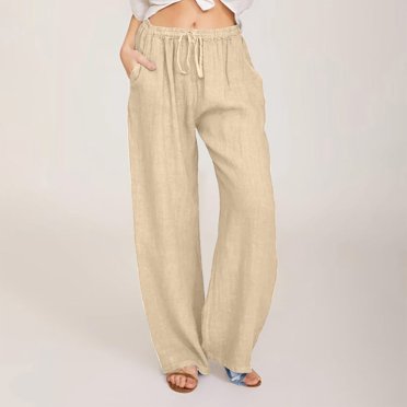 Jsaierl Women's Cotton Linen Pants Casual Loose Wide Leg Pants Drawstring High Waisted Trousers Comfy Lightweight Palazzo Pants with Pockets