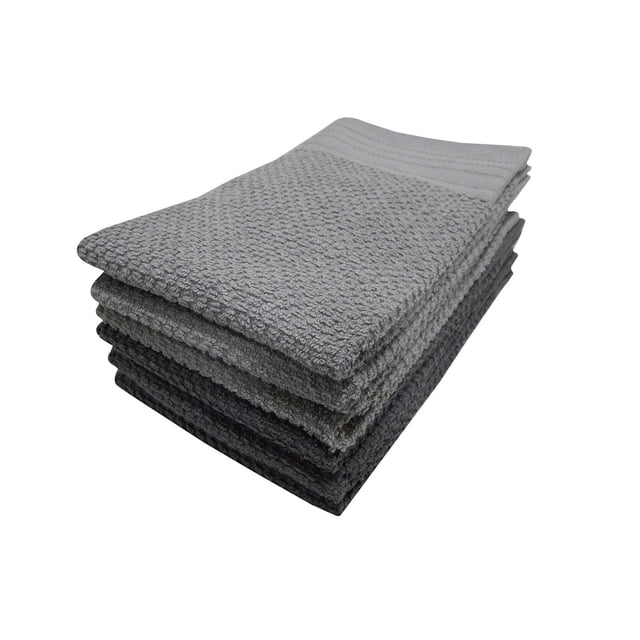 Mainstays 9 Pack Utility Kitchen Towel Topaz featuring nine folded kitchen towels stacked in gradient grey shades with textured waffle weave and ribbed edges, made from absorbent, durable fabric suitable for drying dishes and wiping kitchen surfaces.