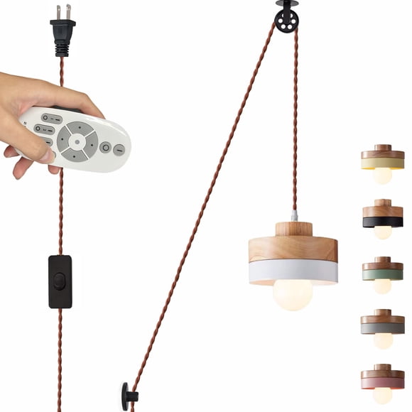 FSLiving Swag Handle Pendant Lighting with Industrial Pulley Design 15ft Plug-in Cord with Wheel 3-Zone Remote Control Stepless Dimming White Chandelier for Sloped Ceiling No Wiring Needed - 1 Light