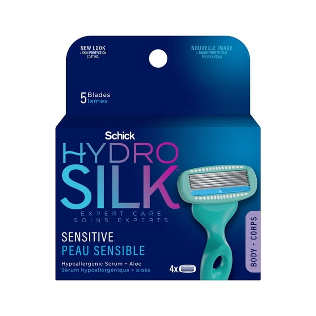Schick Hydro Silk Sensitive Care Women’s Razor Refills package with four 5-blade refill cartridges infused with hypoallergenic moisturizing serum and aloe for sensitive skin, designed for body shaving, shown in blue and purple packaging with a teal razor handle image.