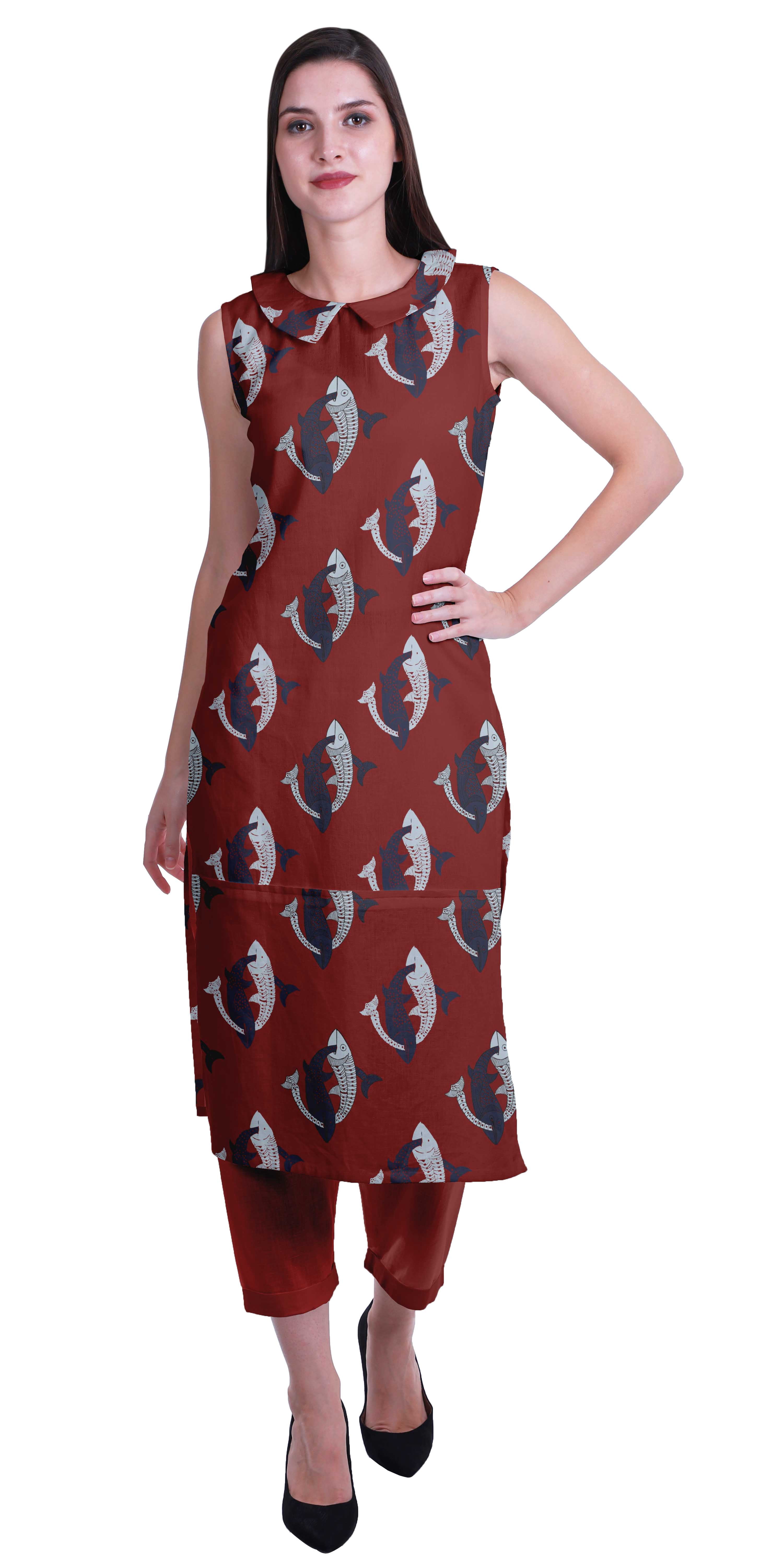 Moomaya Peter Pan Collar Sleeveless Kurta With Pants 2-Pcs Ethnic Suit Set For Women