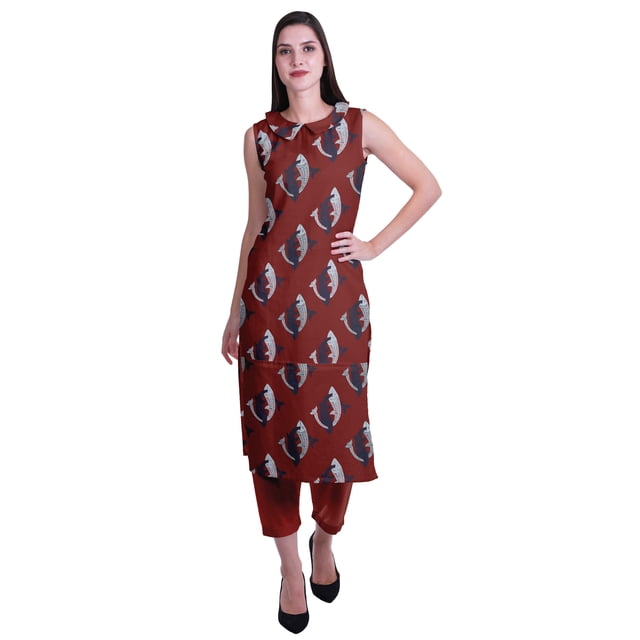 Moomaya Kurta Sans Manches à Col Peter Pan avec Pantalon Ensemble Ethnique 2 Pcs pour Femmes
