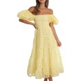 thumbnail image 2 of Faithtur Robe d'Été Décontractée pour Femmes, Ligne A, Manches Courtes Bouffantes, Épaules Dénudées, Robe Midi à Carreaux, 2 of 6