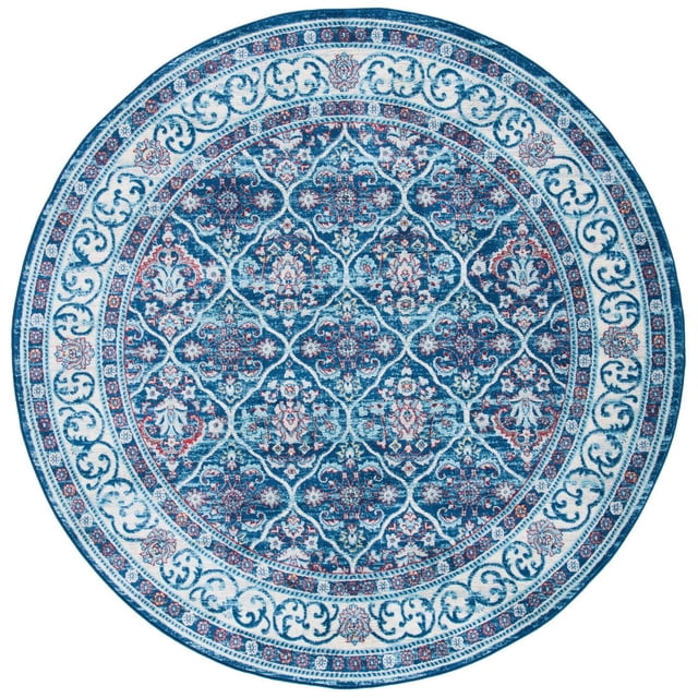 SAFAVIEH Brentwood Naomh Geometric Area Rug is a round accent rug with a close cut pile made of synthetic yarns. It features a detailed floral and geometric pattern in blue, white, and red tones, suitable for durable use in traditional or transitional home decor.