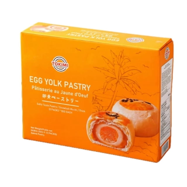 Tokimi Egg Yolk Pastry box with bright orange packaging displaying two Chinese baked pastries, one whole and one cut open to show a thick jumbo egg yolk center and crispy outer layer, suitable as a savory snack or sweet treat.