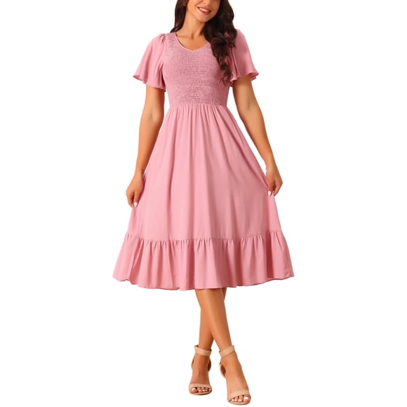 INSPIRE CHIC Women's Summer Casual V Neck Ruffle Sleeve Smocked Midi Dress with Pockets Pink S