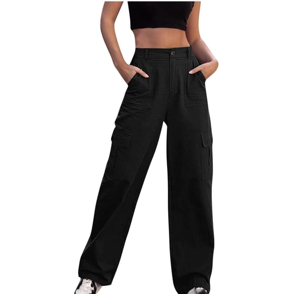 bbymog Black Cargo Pants Women Casual Work Pants Streetwear Summer Solid Color Full Length Pants with Pocket Black L