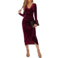 thumbnail image 2 of Xingqing Robe en Velours pour Femme à Manches Longues, Col en V, Portefeuille, Moulante, Robe Crayon, Robe Maxi Plissée, Cocktail, Fête, Rouge Vin, P, 2 of 6