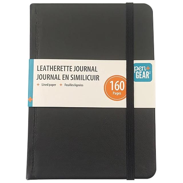 Pen+Gear SMALL LEATHERETTE FREEWRITER Journal with black leatherette cover and elastic band closure, featuring 160 lined pages for journaling, note-taking, or organizing daily tasks in office and school settings.