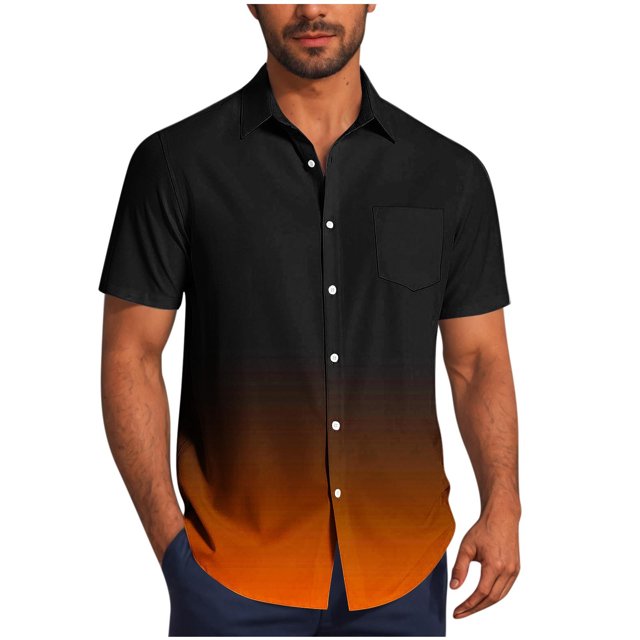 Pisexur Shirts for Man T Hommes Mode Décontractée Col Rabattu Impression Dégradée Manches Courtes Chemise Boutonnée Blouse Orange, L Chemises de Golf Hommes & Chemises Hommes