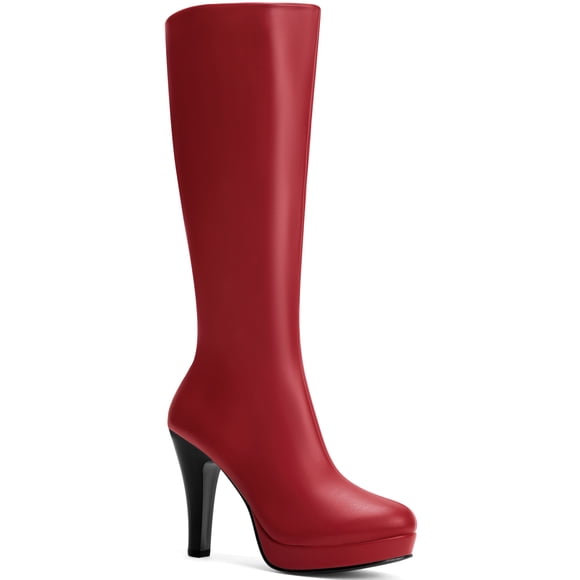 BLISSFUL STEP Round Toe Platform Chunky Heel Knee High Boots for Women Red (Size 9)