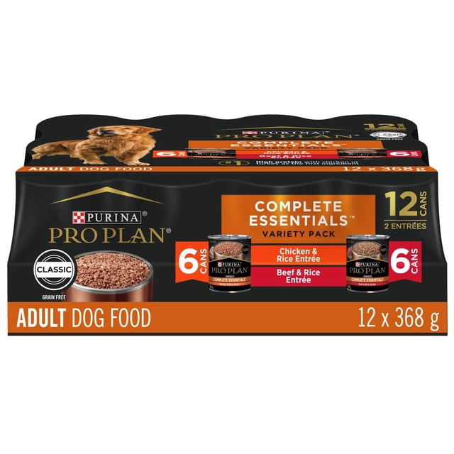 Purina Pro Plan Essentiels Complets Assortiment d'Entrées Nourriture Humide pour Chiens Contenant 12 Boîtes de 368 g Chacune, avec des Recettes de Poulet et de Riz et de Bœuf et de Riz, Formule Sans Grains pour Chiens Adultes dans une Boîte Noire et orange Présentant une image de Chien.