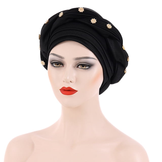 Harpily Fashion Women Beading Braid Hat Muslim Ruffle Cancer Wrap Cap Sleep Caps Satin Lined Hair Bonnets