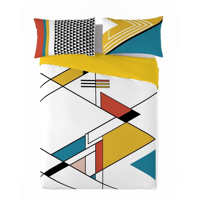 Gouchee Home Cenit Ensemble de Housse de Couette Très Grand (3 Pcs) avec Imprimé Géométrique Moderne en Moutarde, Sarcelle, Rouille et Noir sur percale de Coton Blanche Certifiée Oeko-Tex, Réversible avec un Côté Moutarde Uni, Comprend Deux Cache-Oreillers avec Motifs Asymétriques Assortis, Convient aux Lits Grand jusqu'à 15 Pouces de Profondeur.