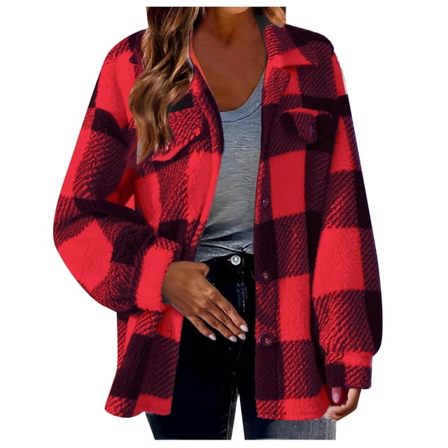 Timegard Womens Jacket Plus Size Plaid Stand Collar Button down Fleece Hooded Jacket Winter Fuzzy Warm Coat