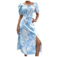 thumbnail image 2 of Jusqu'à 65 % de Réduction! Robes de Mode d'Été pour Femmes 2024 Grande Taille Décontractée Aguichant Col Carré Manches Bouffantes Robe Fendue Florale pour Vacances Style Robe à Manches Courtes Col en V, 2 of 6