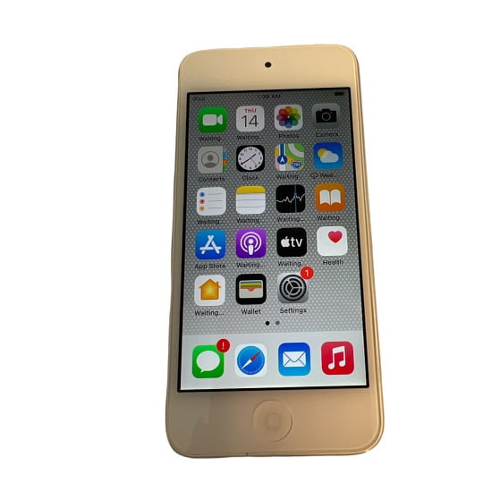 Certified Pre-Owned Apple iPod Touch 7th Generation 32GB in white and silver, shown in a front-facing view with its touchscreen displaying various app icons. This like-new device includes new earphones, a charging cable, a screen protector, and a silicone case. Comes with a 1-year CPS warranty.