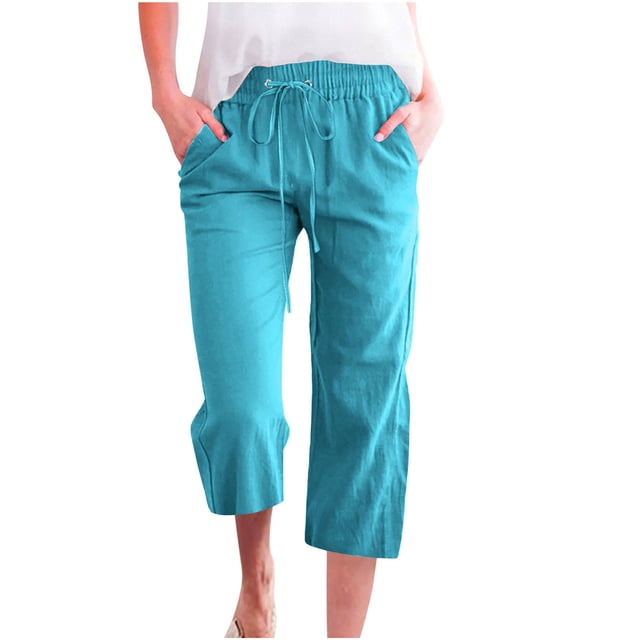 Bocqde Womens Capri Pants Cotton Linen Elastic Waisted Drawstring Casual Cropped Trousers with Pockets