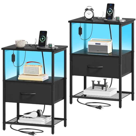 Eunos Ensemble de 2 Tables de Chevet Noires avec Station de Recharge, DEL et Tablettes de Rangement pour Chambre, Salon