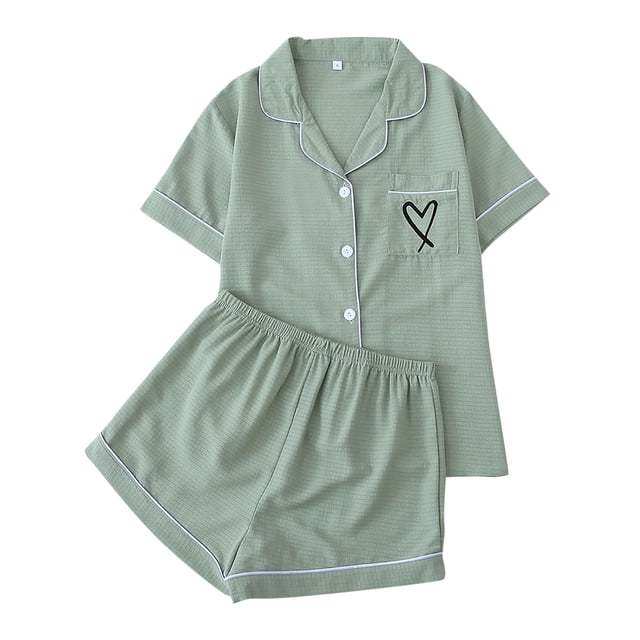 cfhntfmh Womens Pajama Sets Pj Set Cute Heart Print Short Sleeve Button down Shirt with Shorts 2 Piece Pjs Set