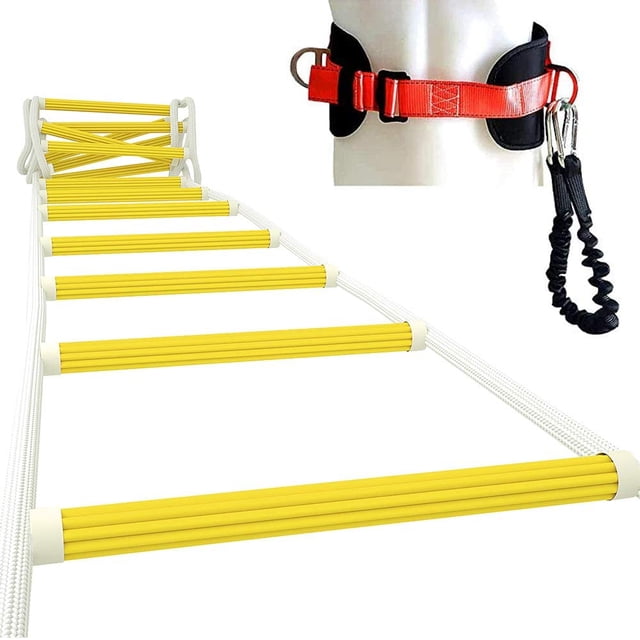 ISOP Rope Ladder Fire Escape Use | Emergency Exit Ladder 32 ft front-facing compact coiled emergency rope ladder with woven polyester rungs, reinforced side rails, metal carabiners clipped to top loop and attached safety belt; neutral background suggests window deployment for multi-story home or apartment egress, often used as a portable temporary exterior access aid.