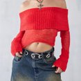 thumbnail image 3 of Fortune Women Off Shoulder Sweater Mesh Knit Cropped Pullover Solid Color Long Sleeve Slim Fit Crop Top, 3 of 6