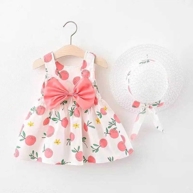 Robe pour Tout-Petit Sans Manches Tutu Robes Filles Robe d'Été avec Chapeaux 2 Pcs Robe de 1er Anniversaire 3-4 Ans