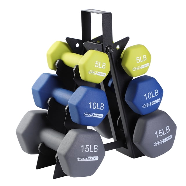 HolaHatha 5, 10, and 15 lb Neoprene Dumbbell Free Hand Weight Set & Rack featuring six hexagonal dumbbells in yellow, blue, and grey neoprene coating, organized on a black storage rack. Includes two 5 lb, two 10 lb, and two 15 lb weights with non-slip coating and hexagonal ends to prevent rolling. Ideal for strength training, toning, and full-body workouts.