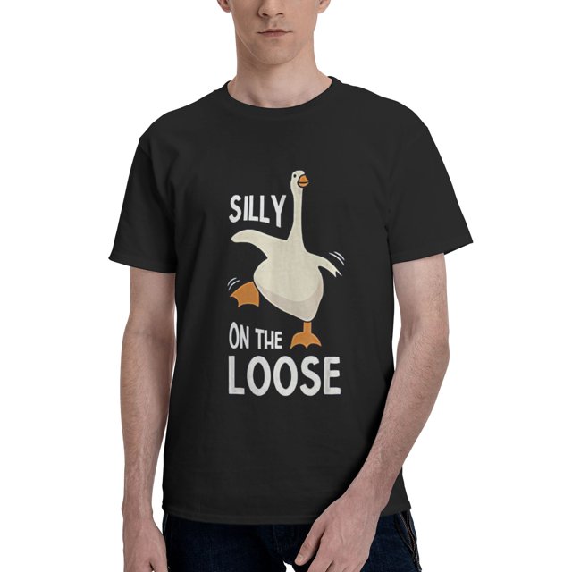 Silly Goose On The Loose Men's Basic Short Sleeve T-Shirt in black, size XX-Large. This lightweight, classic-fit t-shirt features a humorous graphic of a goose with the text 'Silly On The Loose' printed on the front. Made from 100% cotton for solid colors, it is soft, slightly elastic, and durable with double-needle stitching on the sleeves and hem. Suitable for casual wear and machine washable.