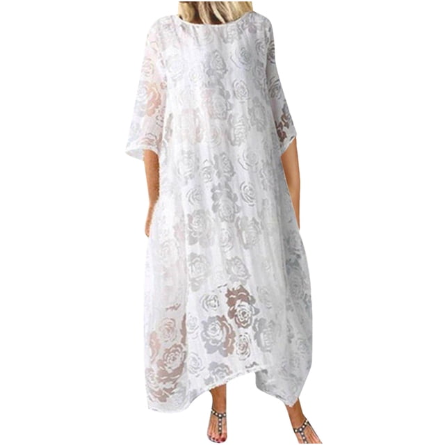 RKSTN Robe d'Été pour Femme Décontractée Unie à Manches Mi-Longues avec Empiècements en Maille, Robe Midi Fluide